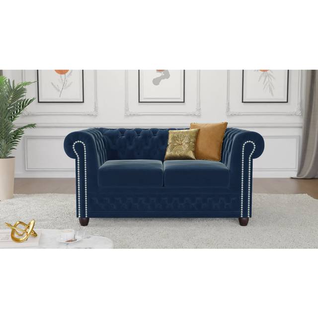 Chesterfield Hanna Sofa Set 3+2+1 Made of Velvet Fabric with Solid Wood Legs - Navy Blue (3)