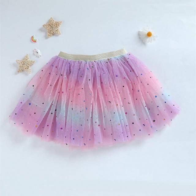 SHEIN Young Girl Rainbow Tulle Skirt Sequin Star & Moon Decor Party Dance Festival Performance Skirt