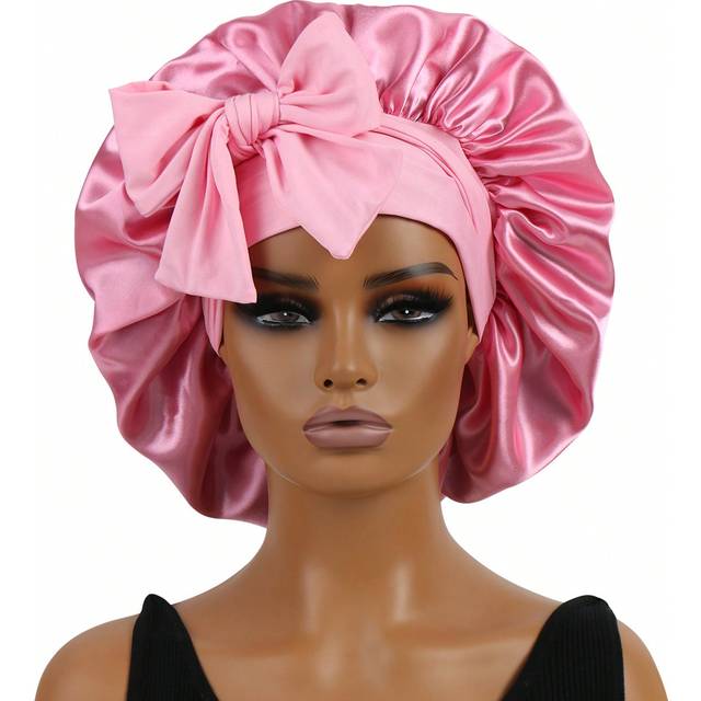 SHEIN 1PC Bowknot Lace Up Satin Bonnet Solid Color Elastic Sleeping Night Cap Lightweight Bath Cap Hair Bonnets For Women Girls Black Valentine&#39;s Day Valent
