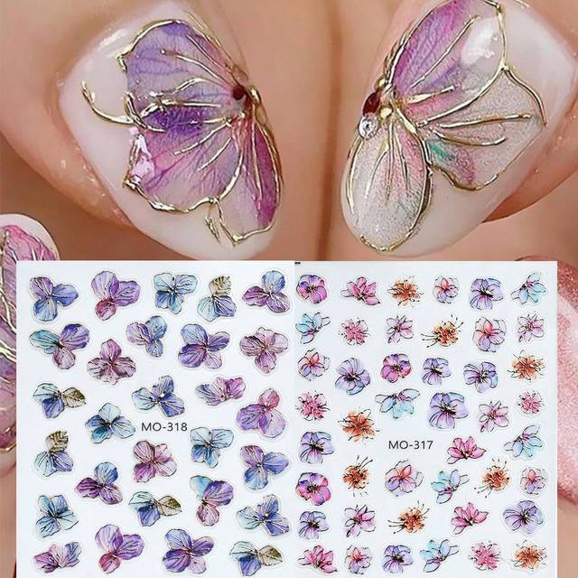 SHEIN 2pcs Bronzing Hydrangea Flower Nail Sticker Gold Foil Watercolor Flower Elegant Blossom Decals Adhesive Sliders Decorations Manicure Accessories