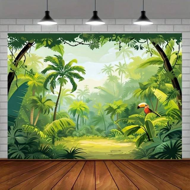 SHEIN 1PC Jungle Wildlife Park Background Fabric Polyester Animation Green Photography Background Foot Rain Animal Decoration Celebration Props Party Photo