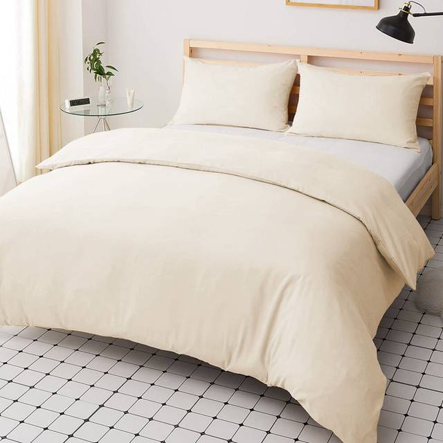 (Cream, Single: 137 x 200 cm) Plain Duvet Quilt Cover Bedding Set & Pillowcases