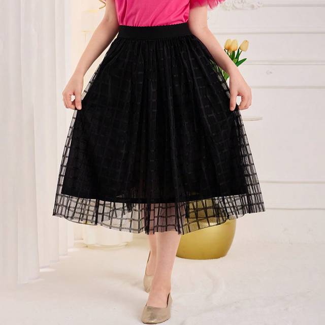 SHEIN Tween Girl Elegant High Waist Plaid Mesh Midi Skirt With Lining, Perfect For Vacation
