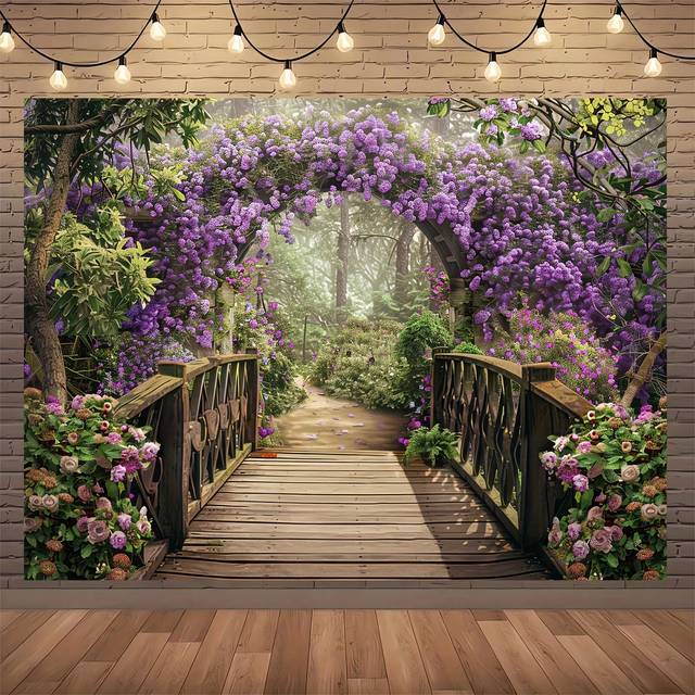 SHEIN 1pc, Colorful Flowers Blooming Photography Background Wooden Bridge Garden Background Photography Props, Party Decoration Supplies, Home Decoration Su