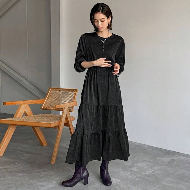FRIFUL Women&#39;s Plain Crew Neck Long Sleeve Pleated Simple Casual Dress,Ruffle