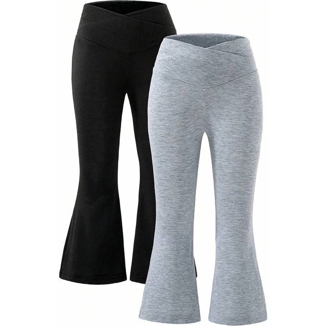 SHEIN 2pcs Set Young Girl Solid Color Overlapping Waist Flare Pants