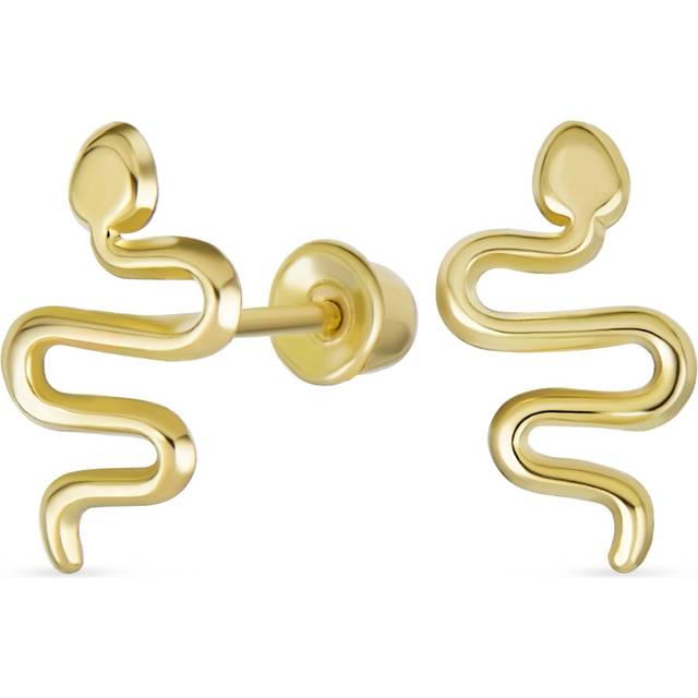 Minimalist Small Mini Garden Reptile Snake Stud Earrings Women Teens Authentic 14K Yellow Gold Safety Clutch Screw Back