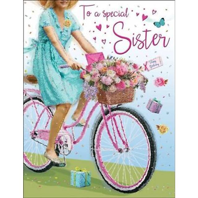 Birthday card - sister bike & flowers - glitter regal quality