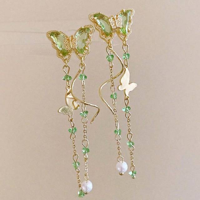 SHEIN 2Pcs Green Butterfly Pendant & Pearl Tassel Earrings, Perfect For Spring & Summer Outfits