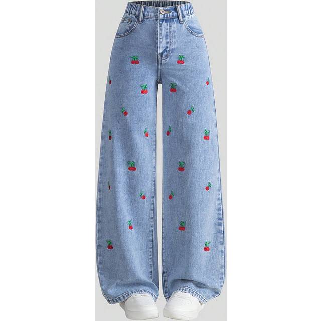 SHEIN Tween Girls Casual Washed Eans With Embroidered Design, Straight Fit