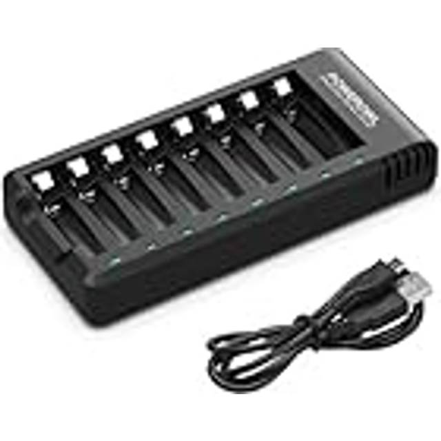 8 Bay AA AAA Battery Charger (USB High-Speed Charging, Independent Slot) for Ni-MH Ni-CD Rechargeable Batteries (No Adapter)