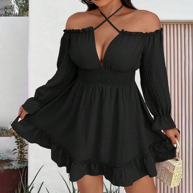 Celure Plus Size Casual Solid Color Cold Shoulder Halter Dress