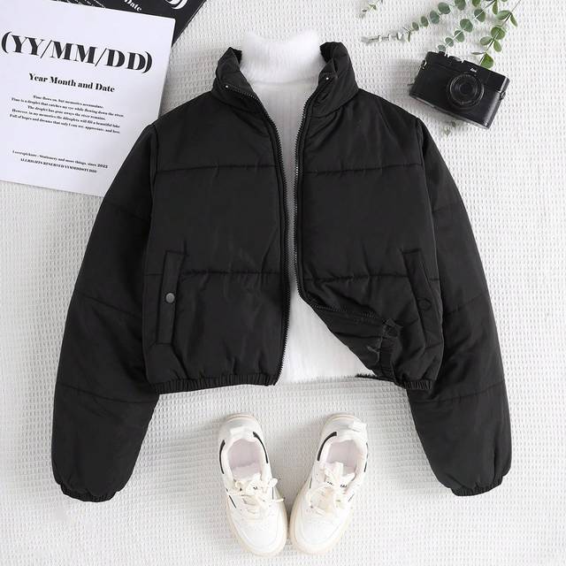 SHEIN Teen Girl Woven Solid Color Quilted Pocket Stand Collar Shortened Casual Thickening Warm Jacket
