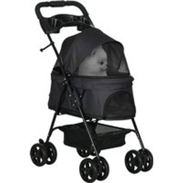 PawHut Pet Stroller Foldable Travel Carriage w/ Brake Basket Canopy - Black | TJ Hughes