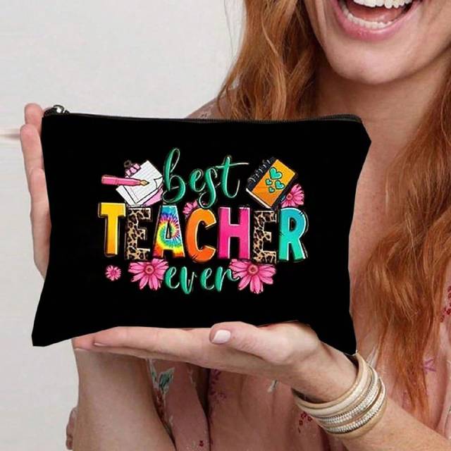 SHEIN 1pc Best Teacher Ever Print Cosmetics Bag, Makeup Bag, Travel Pouch Bag Toiletry Bag, Letter Print Makeup Bag, Female Gift For Her Cosmetic Organiser