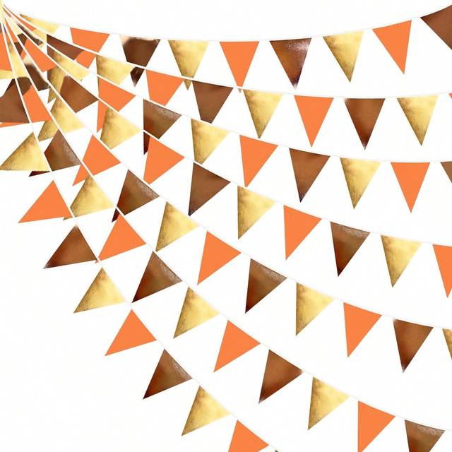 SHEIN Fall Party Decorations 12pcs Orange Gold Brown Metallic Paper Triangle Pennant Banner Flag Bunting Garland For Autumn Fall Thanksgiving Wedding Birthd