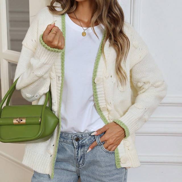 Aveloria Sweet & Age-Reducing V-Neck Puffed Mesh Texture Contrast Color Trim Cardigan Sweater For Women