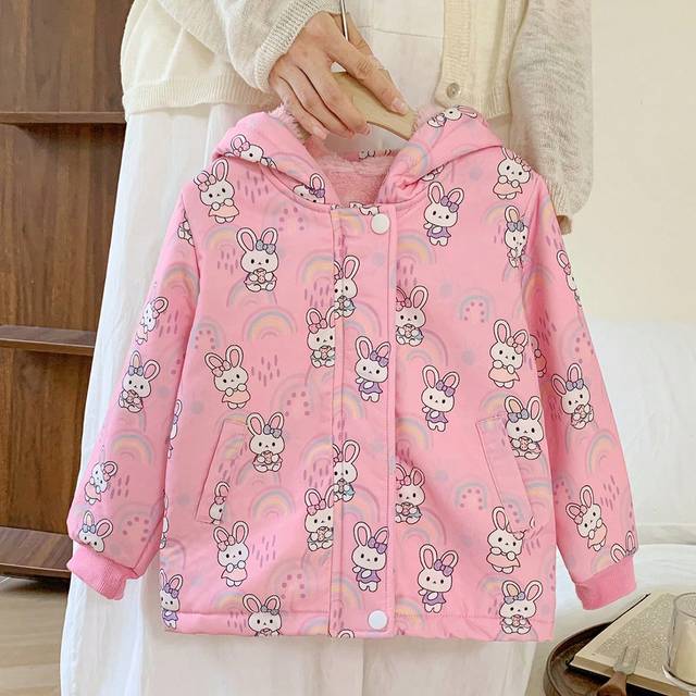 SHEIN Young Girls&#39; Cartoon Rabbit Printed Hooded Fleece Jacket For Casual Outings And Holidays, Suitable For Autumn/Winter