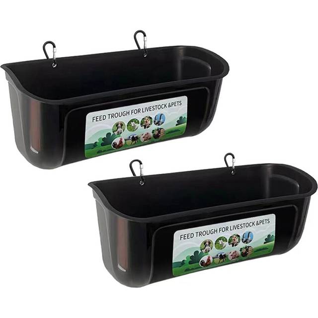 Chicken Goat Hanging Fence Feeder, Water Trough for Deer Duck Dog and Piglets, Goose Waterer Black 2 Pack