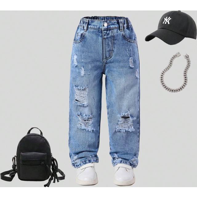 SHEIN Young Boys&#39; Retro Street Style Distressed Ripped Loose & Comfortable Light Blue Straight Leg Jeans