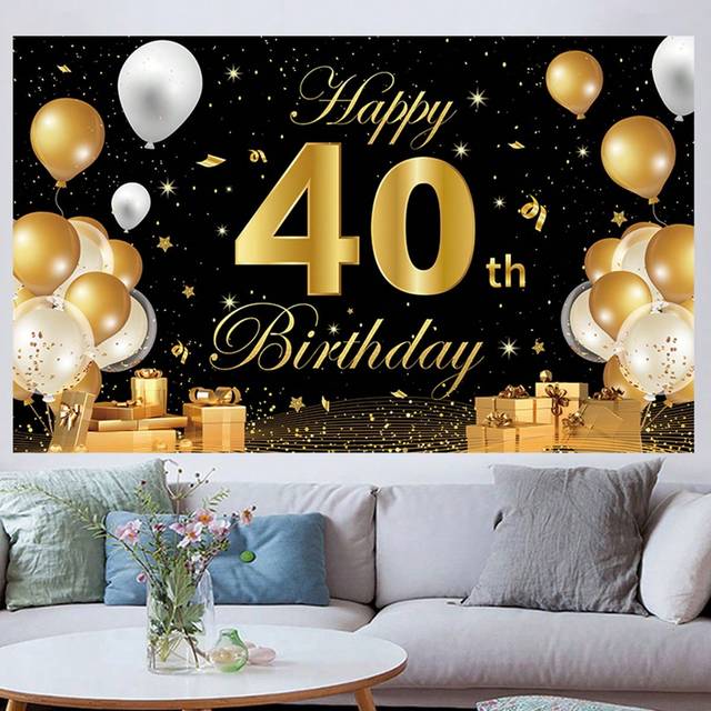 SHEIN Black And Gold 40th Birthday Party Photography Backdrop, Happy Birthday Theme. Perfect As A Photo Booth Background, Birthday Party Decoration Supplies