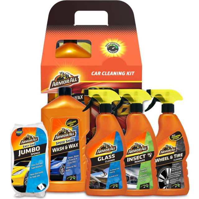 Armor All, 5-Piece Car Cleaning Kit, For Exterior Cleaning, Includes Glass Cleaner, Wash & Wax, Jumbo Sponge, Wheel & Tire Cleaner and Insect Remover,