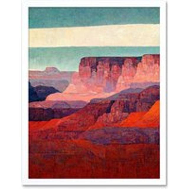 Wall Art Print Modern Abstract Grand Canyon Style Arizona Landscape Painting Art Framed - White - W12 inch x H16 inch