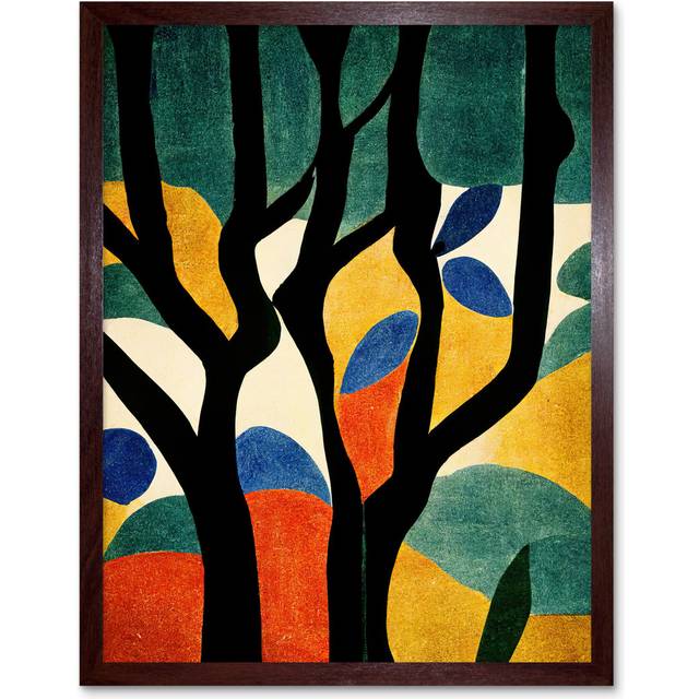 Wall Art Print Simple Autumn Trees Orange on Blue Minimalist Matisse Style Painting Art Framed - Brown - W12 inch x H16 inch