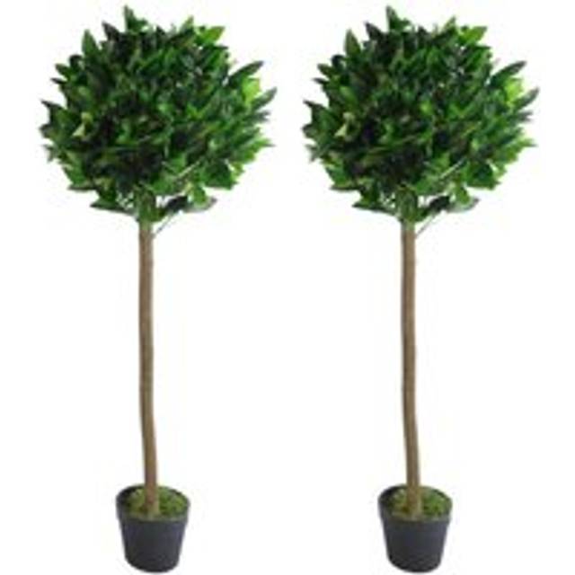 Leaf Pair Of 120Cm (4Ft) Plain Stem Artificial Topiary Bay Laurel Ball Trees, Green