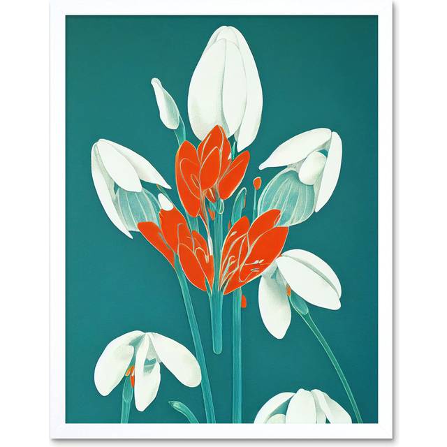 Wall Art Print Abstract Snowdrops Red Flowers on Teal Retro Mid Century Style Art Framed - White - W12 inch x H16 inch