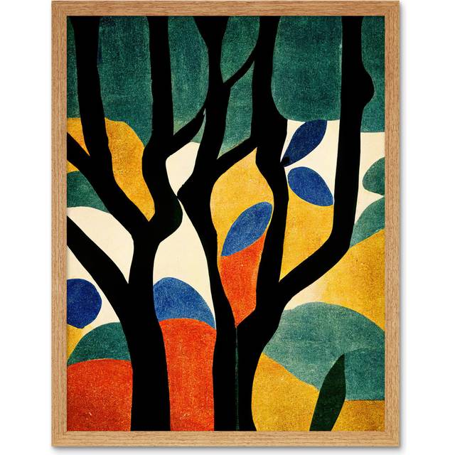 Wall Art Print Simple Autumn Trees Orange on Blue Minimalist Matisse Style Painting Art Framed - Tan - W12 inch x H16 inch