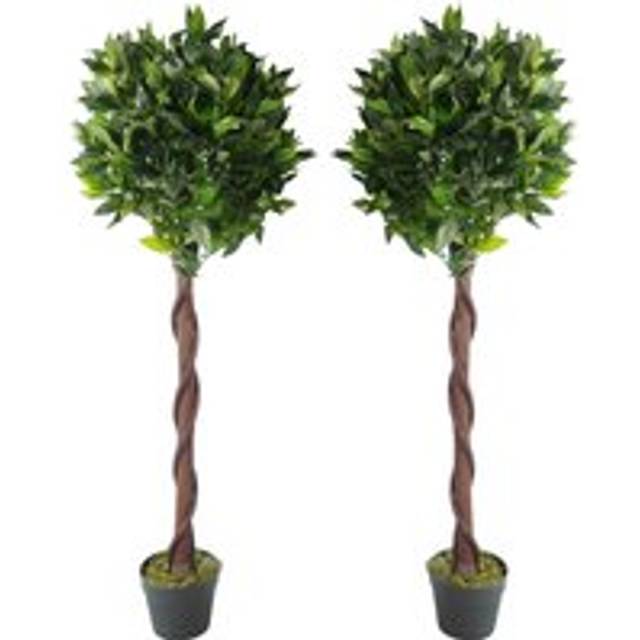 Artificial Topiary Bay Laurel Natural Trees Pair of 120cm 4ft Real Wood Trunk - Green (120cm H X 45cm W X 45cm D)