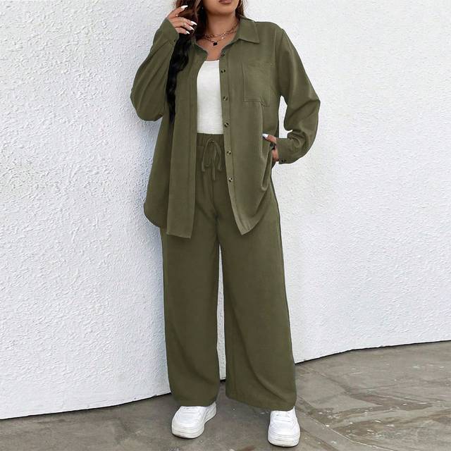 SHEIN 2pcs Plus Size Women&#39;s Spring & Summer Solid Color Long Sleeve Single-Breasted Blouse And Pants Casual Suit