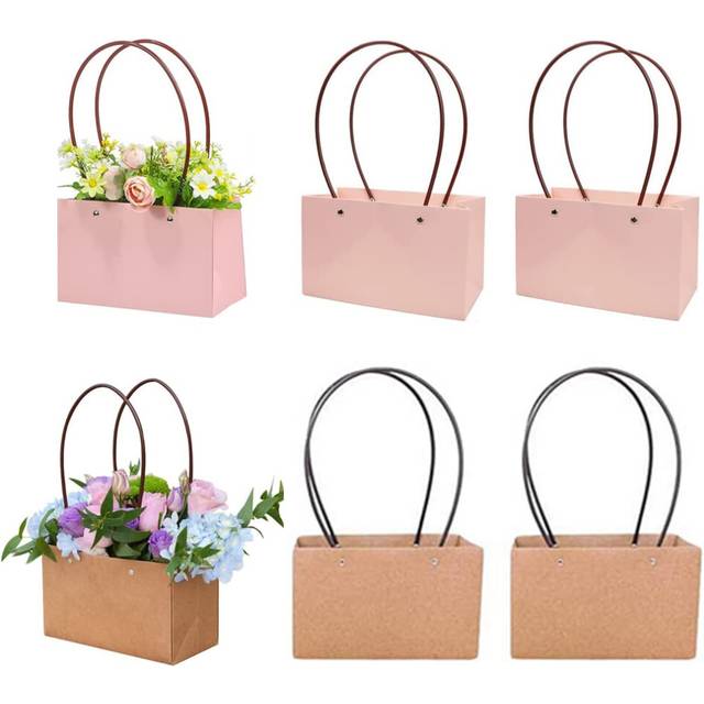 6 Pcs Kraft Paper Flower Gift Bags Bouquet Bags Box with Handle Waterproof Bouquet Gift Box,Rectangle Florist Packaging Wrap for Flowers Tote
