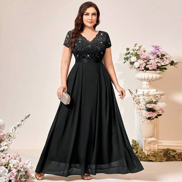 SHEIN Plus Sequin Lace Bodice Scallop Trim V-Neck Chiffon Evening Party Dress Elegant Formal Prom Wedding Guest Gown, For Graduation, Dinner, Homecoming