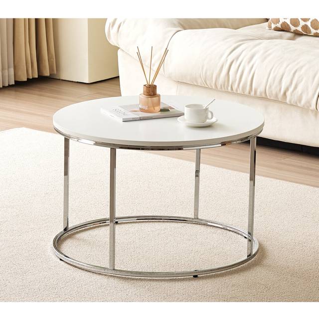 Circular Coffee Table With Silver Metal Frame and Wood White Table Top