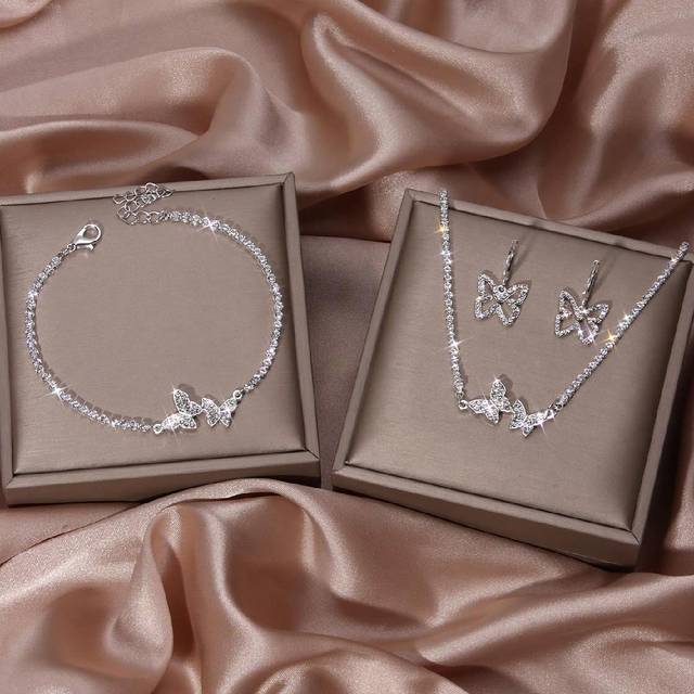 SHEIN Fashionable Rhinestone Earrings Necklace Bracelet Butterfly Pendant Jewelry Set For Women Party Wedding Gift