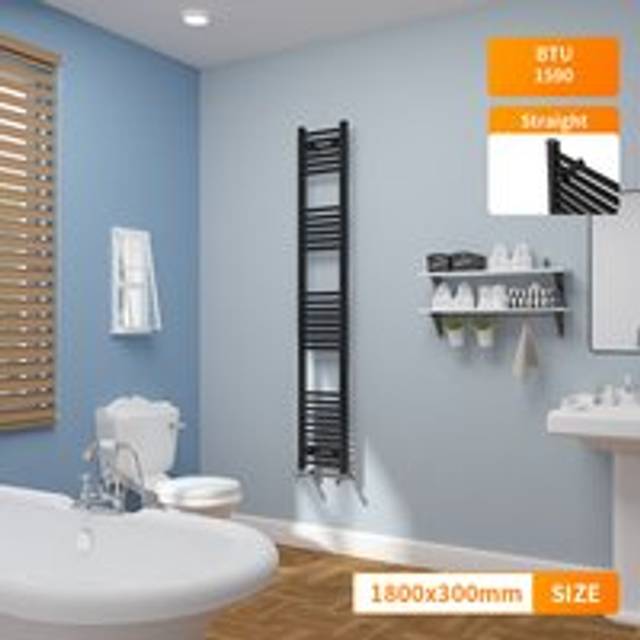 NRG - 1800 x 300mm Straight Black Ladder Warmer Bathroom Heated Towel Rail Radiator