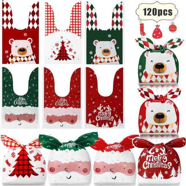 120 Pieces Christmas Candy Treat Bags Christmas Goodies Bags Party Favor Bags Cute Xmas Cookies Bags, 6 Styles