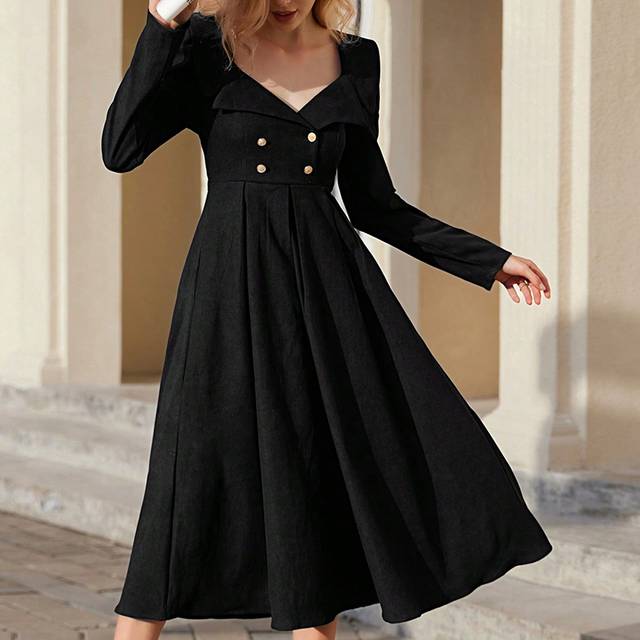 Aveloria Elegant Vintage French Square Collar Contrast Button Design Waist-Cinched Ruched Dress With Long Sleeves