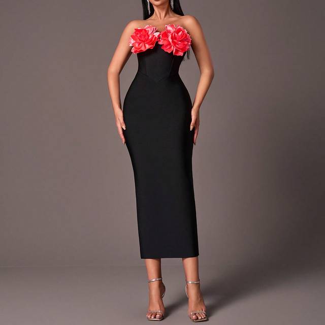 SHEIN Elegant Black Tube Top, Tight Waist And Red Three-Dimensional Flower Decoration Design On The Lower Skirt And Side Slits Bandage Evening Dress, Formal