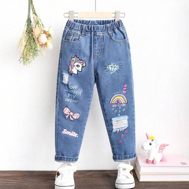SHEIN Young Girl&#39; Cute Printed, Distressed, Soft Washed Denim Jeans