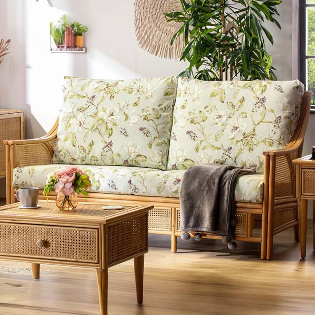 Desser Chester 3 Seater Natural Rattan Floral Fabric Sofa - Green