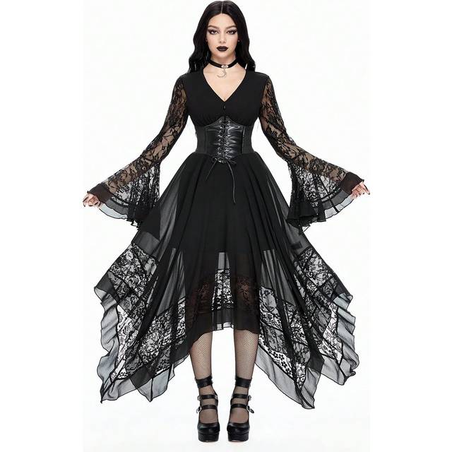 ROMWE Sexy Gothic Halloween Deep V-Neck Flare Sleeve Asymmetrical Hem Contrast Lace Dress, For New Year
