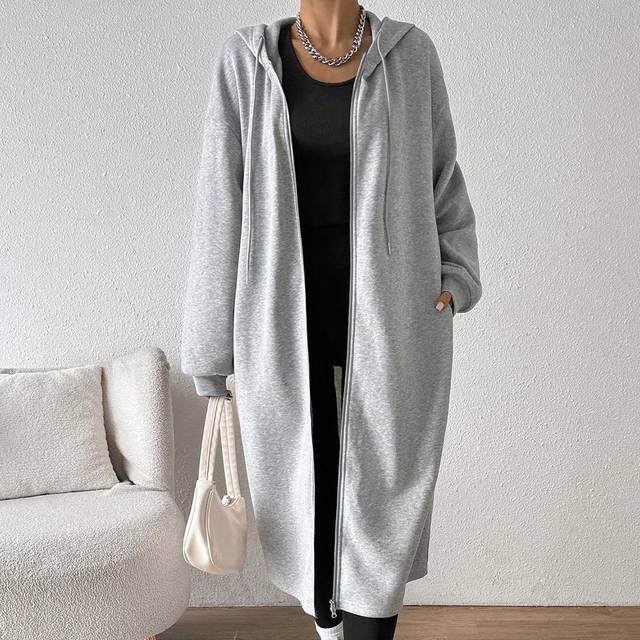 SHEIN Gray Mid-Length Hooded Coat With Thermal Lined For Women, Autumn/Winter