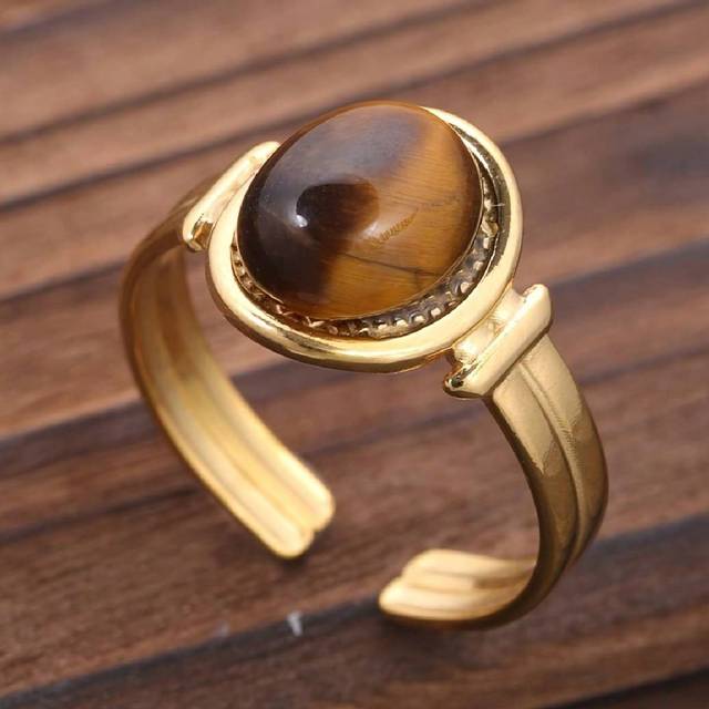 SHEIN Vintage Elegant Oval Tiger Eye Gemstone Adjustable Open Ring For Women - Synthetic Stone, Gold-Tone Stainless Steel, Gift For Daily And Special Occasi