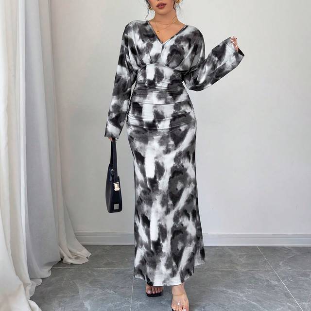 Firerie Women&#39;s V-Neck Loose Long Sleeve Ink Painting Pattern Long Dress, Suitable For Autumn, Teachers, Business Casual, Back To School