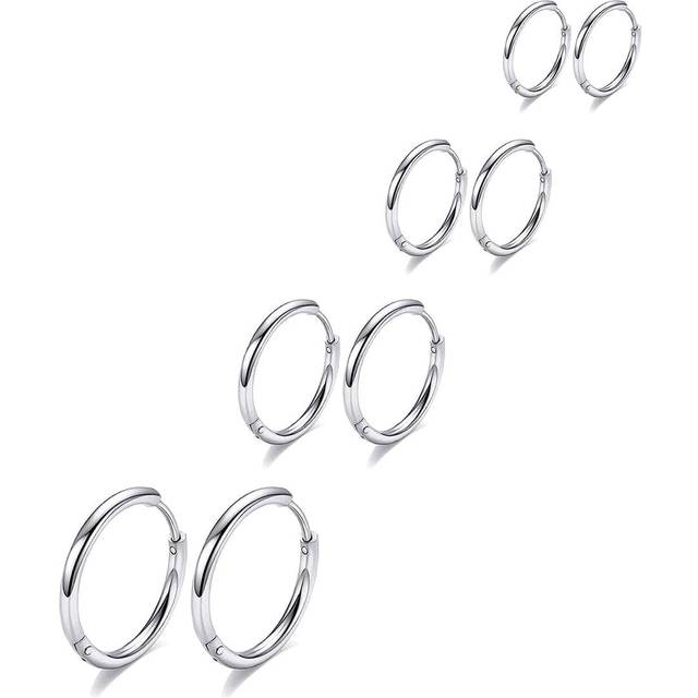 SHEIN 4 Pairs Silver Huggie Hoop Earrings For Women Stainless Steel Men Earrings Hoop Cartilage Helix Lobes Hinged Sleeper Small Hoop Earrings Set  For Girl