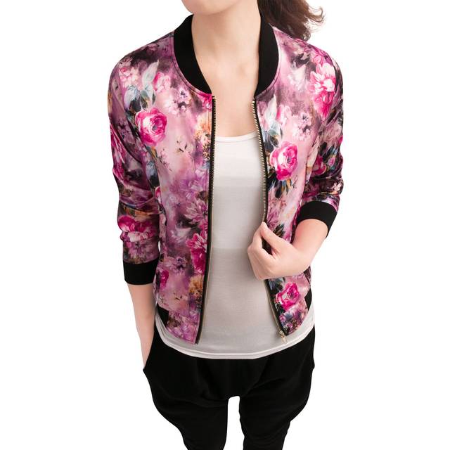 Allegra K Women's Stand Collar Zip Up Floral Print Bomber Jacket Medium Fuchsia