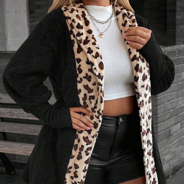 Luneh Plus Size Women Leopard Print Long Sleeve Loose Long Casual Coat, Autumn & Winter Clothes